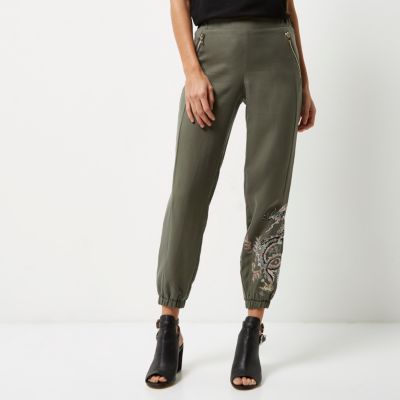 Khaki green embroidered trousers